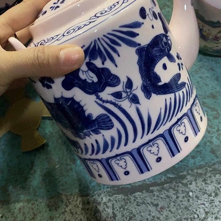 摆件陶红稀土鱼藻提梁壶