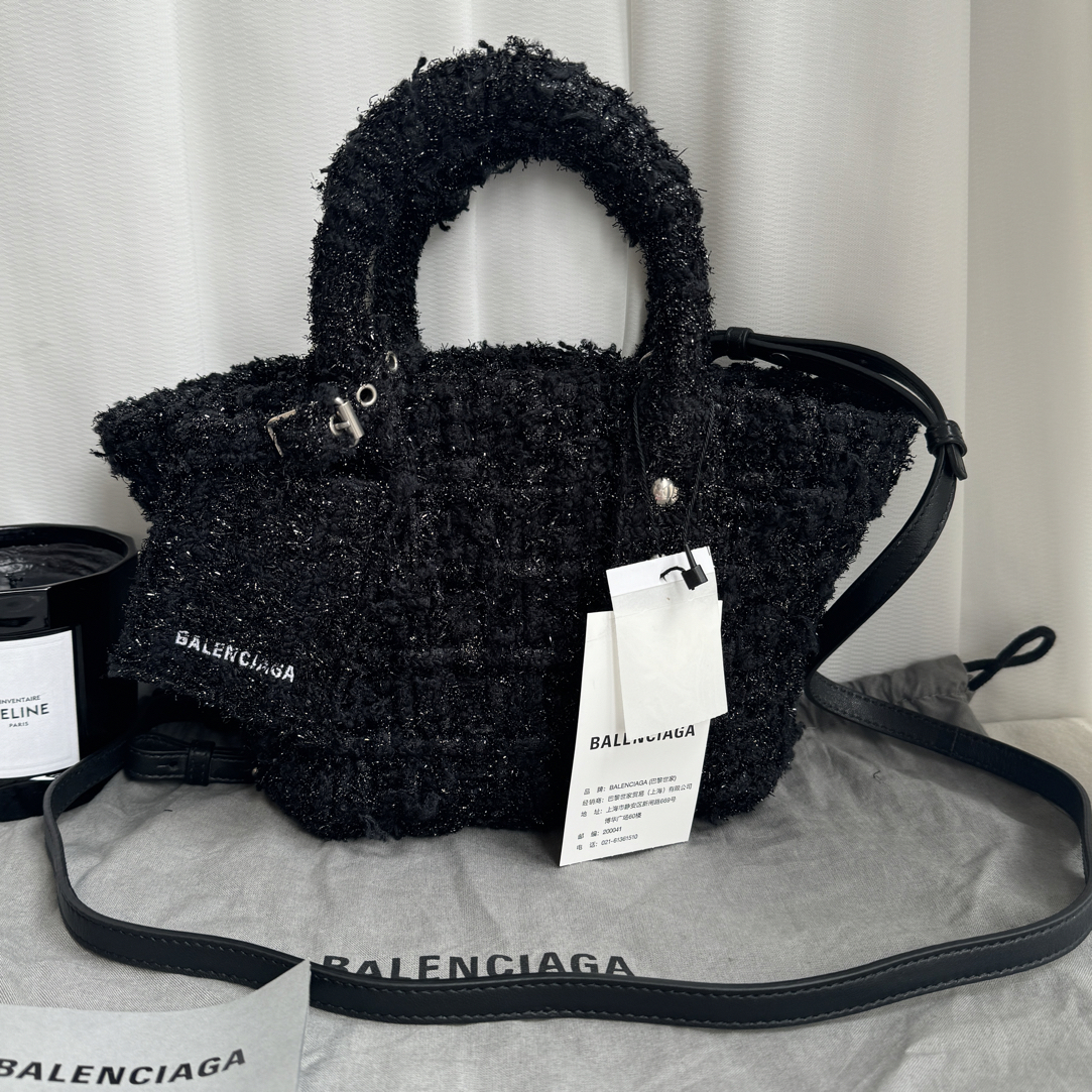99新 Balenciaga/巴黎世家 黑色毛呢编织菜篮子手提单肩斜挎包