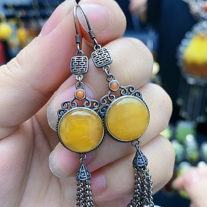 琥珀裸石银S925镶嵌耳坠