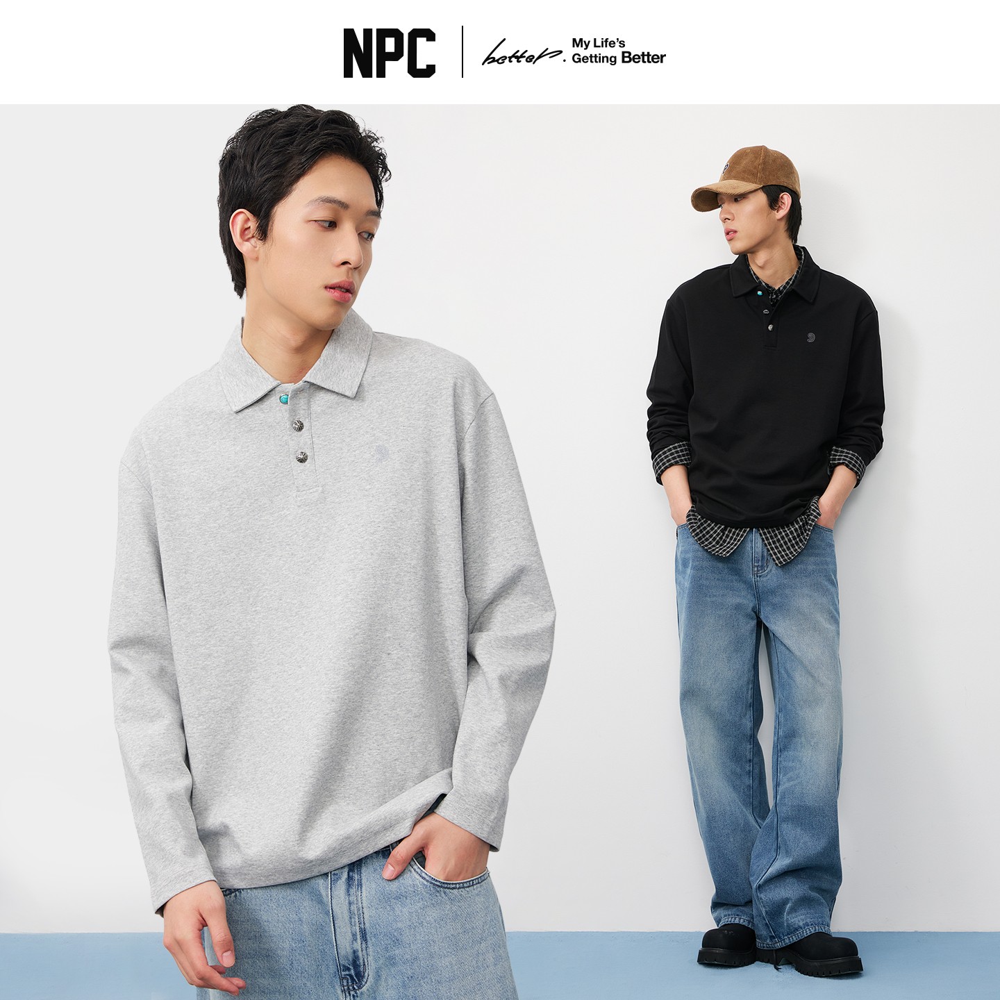 NPC潮牌空气层【仿绿松石】扣POLO领男长袖T恤慵懒宽松软糯NP57TL44