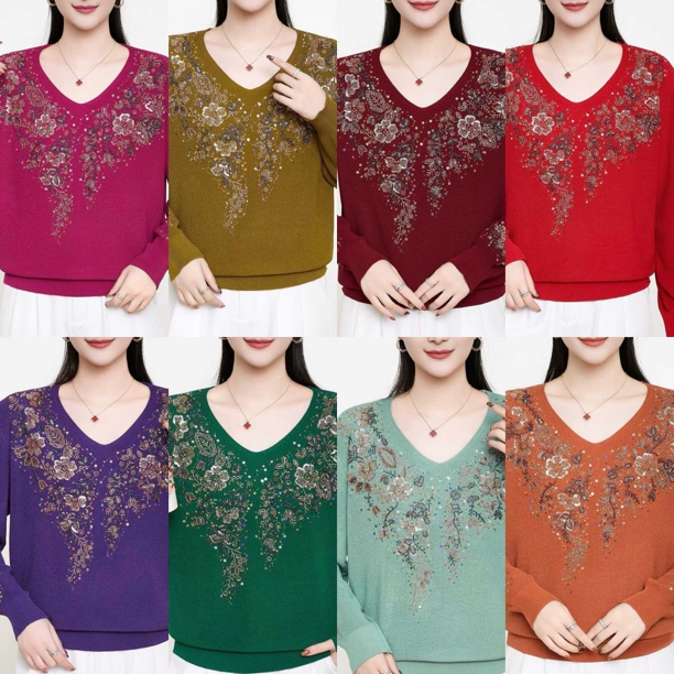 新款V字领重工刺绣长袖宽松大码中老年妈妈装针织打底衫