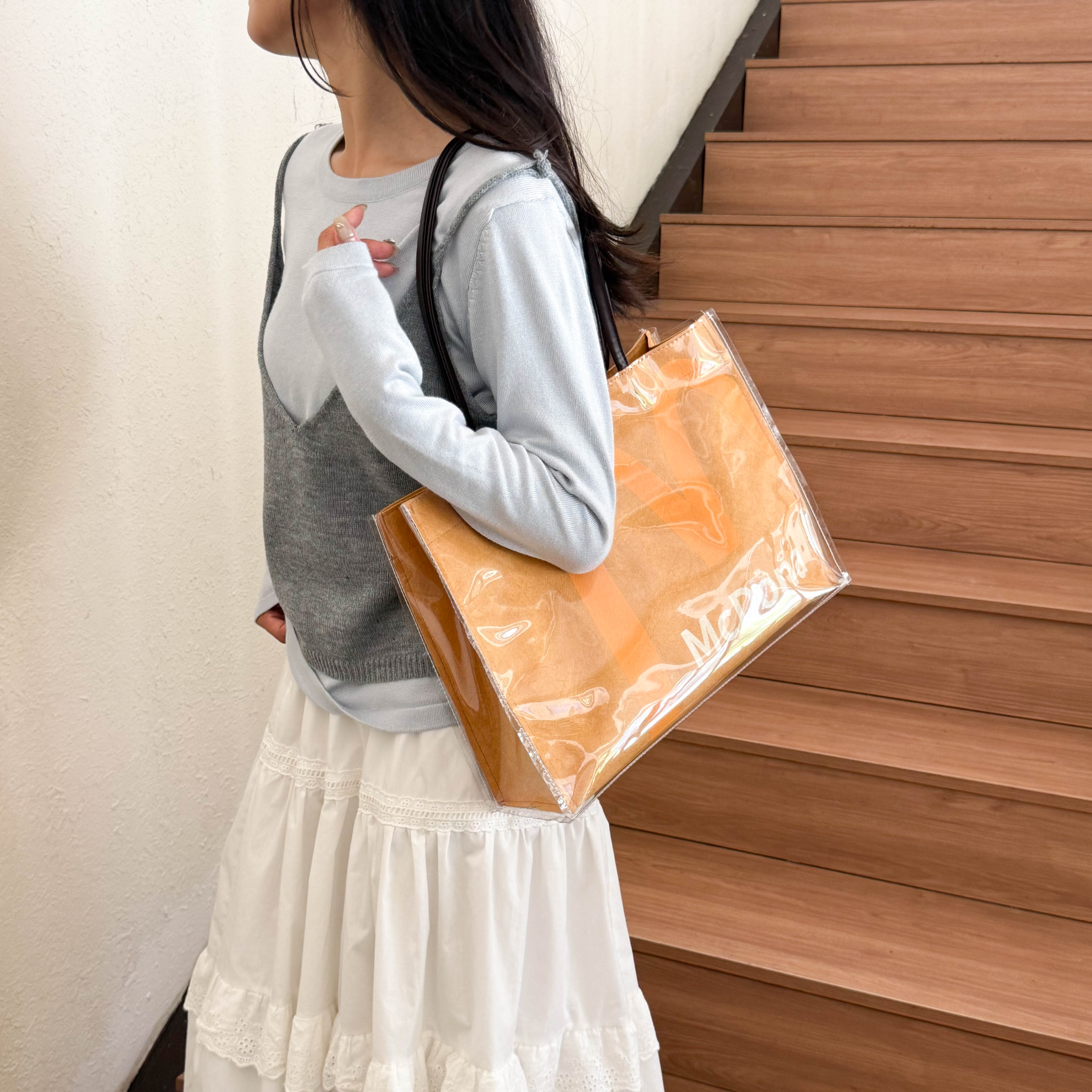 网红M记托特包购物袋EVA底折ins时尚单肩卡通元素百搭小众休闲