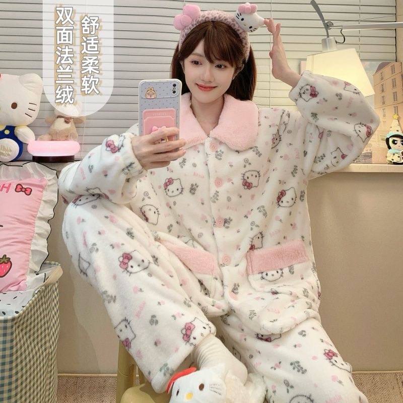 芯语婷冬季新款碎花kt猫娃娃领双面法兰绒睡衣女加厚御寒保暖甜美