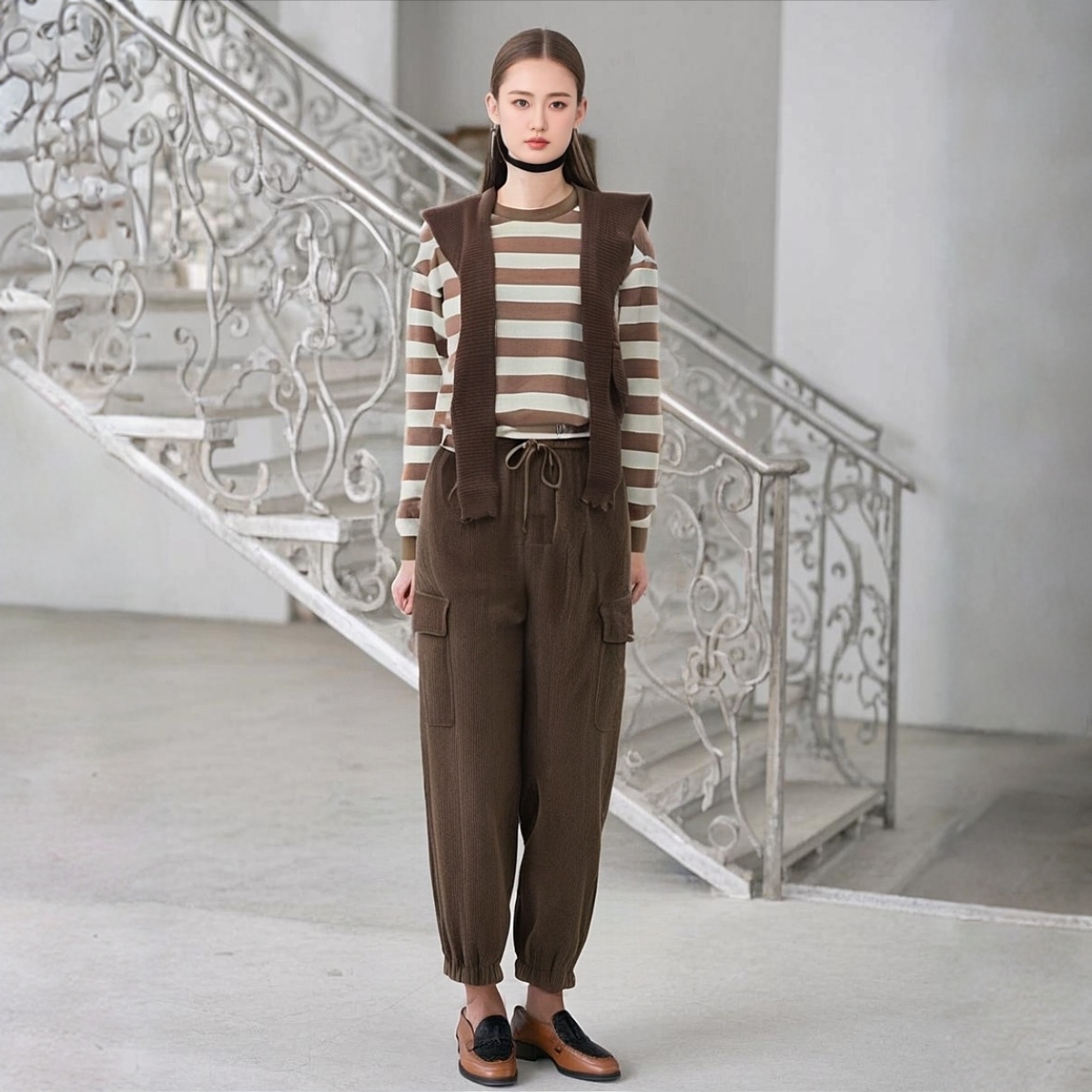 春秋时尚百搭休闲宽松运动套装咖色兰色女装套装三件套