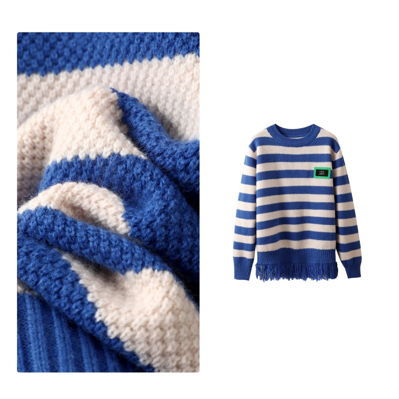 现货！门店21&9！时尚撞色条纹设计~圆领华夫格女式针织衫H00504