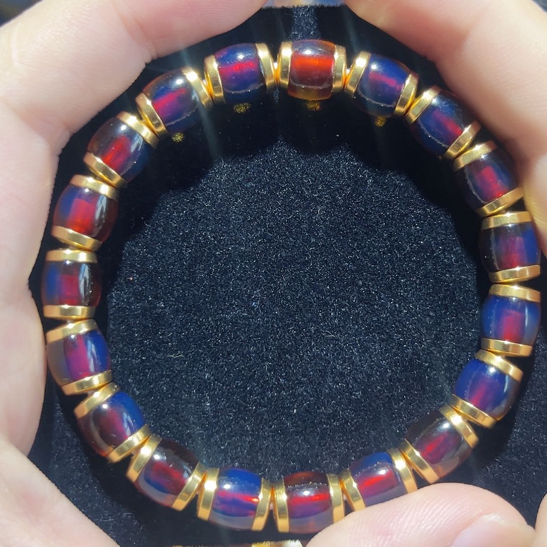 蓝珀银S925镀金镶嵌珠宝奇石8mm墨西哥红蓝珀