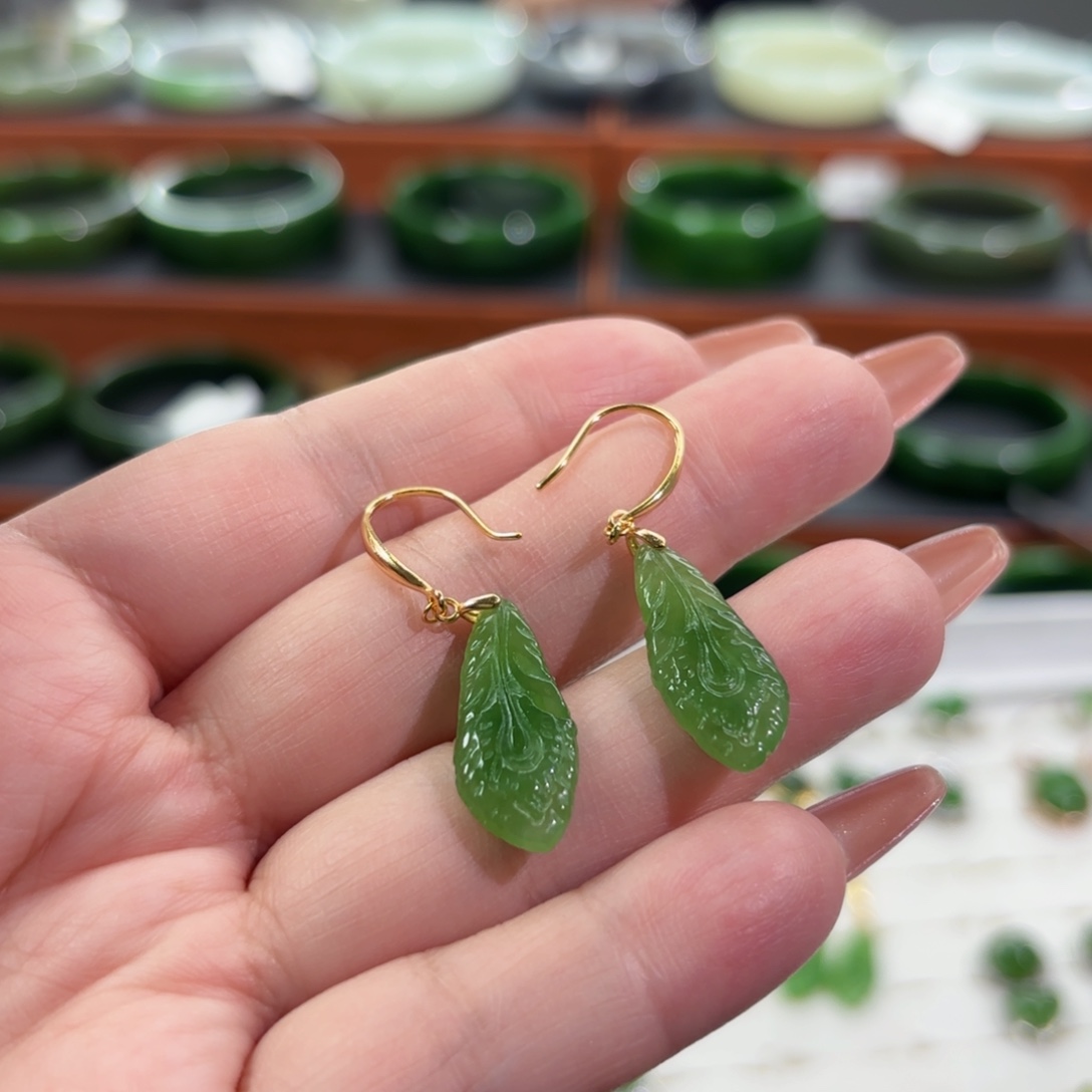 和田玉银S925镀金镶嵌耳饰