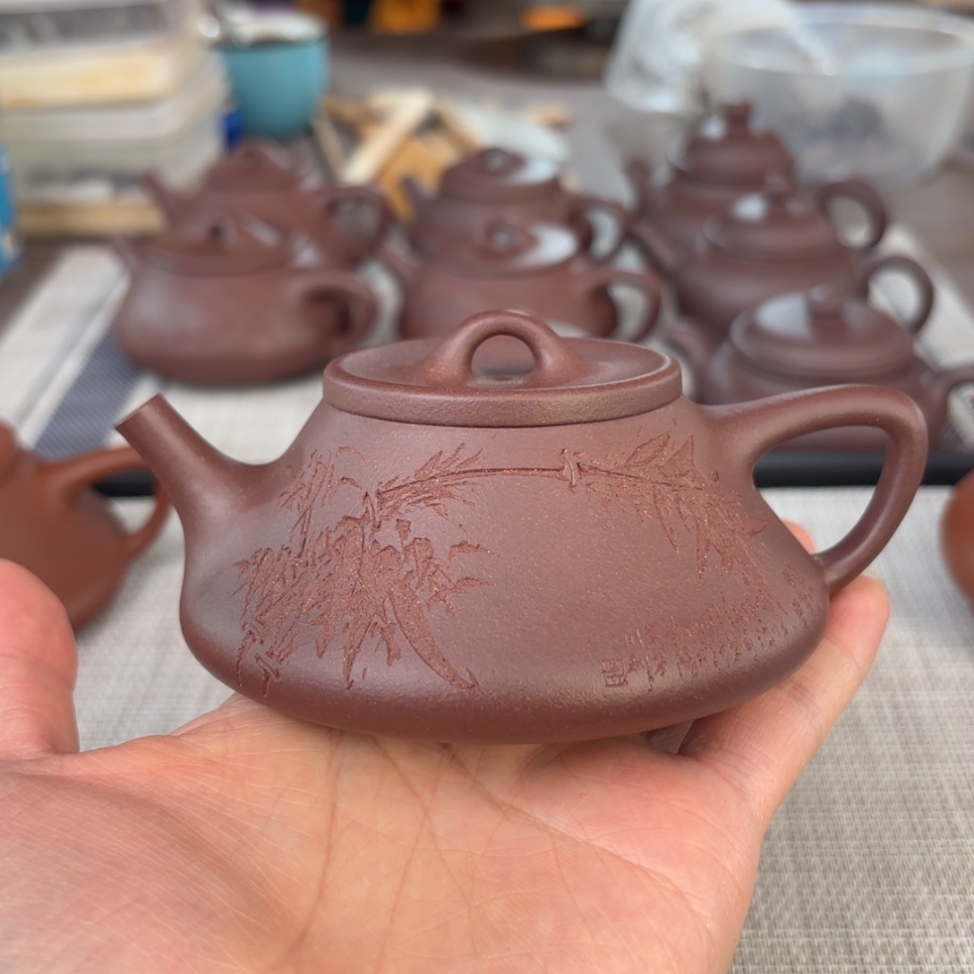 紫砂茶壶半手工老紫泥刻绘曲瓢壶180cc