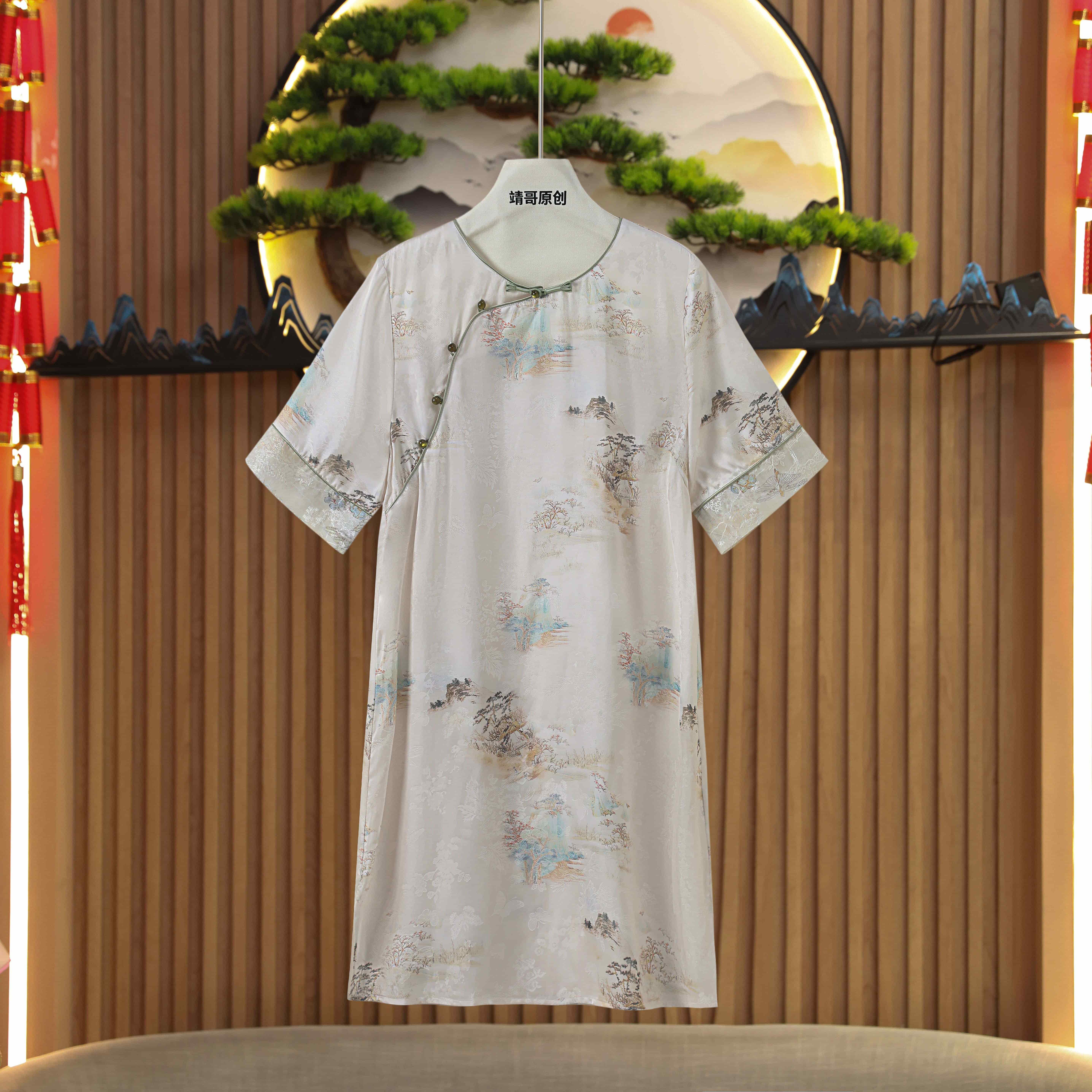 2927休闲时尚复古夏季斜襟连衣裙中中长款新中式中袖宽松