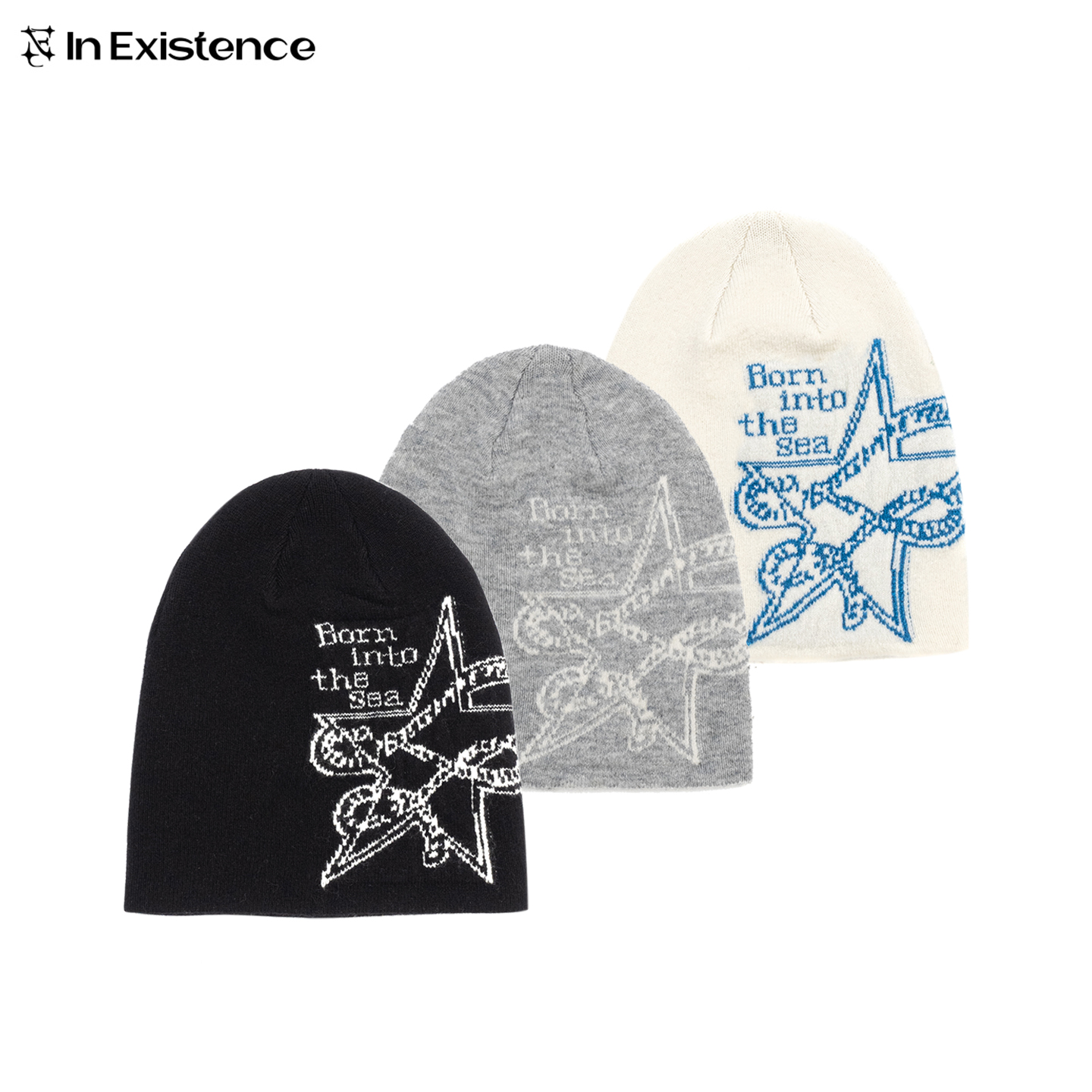 IN EXISTENCE 存世25FW 羊毛混纺三色提花海星针织毛线包头冷帽