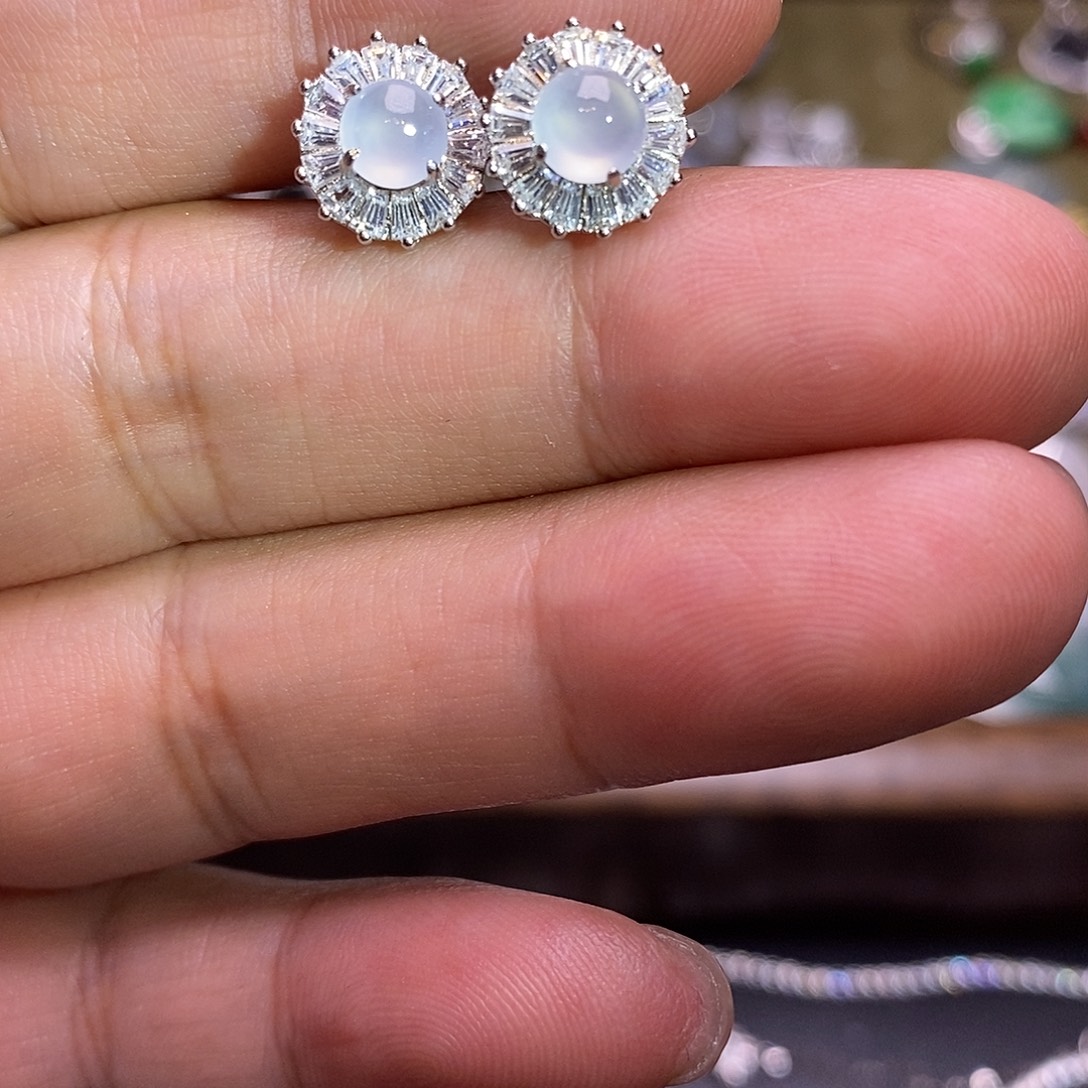 翡翠银S925镶嵌耳饰蛋面耳钉