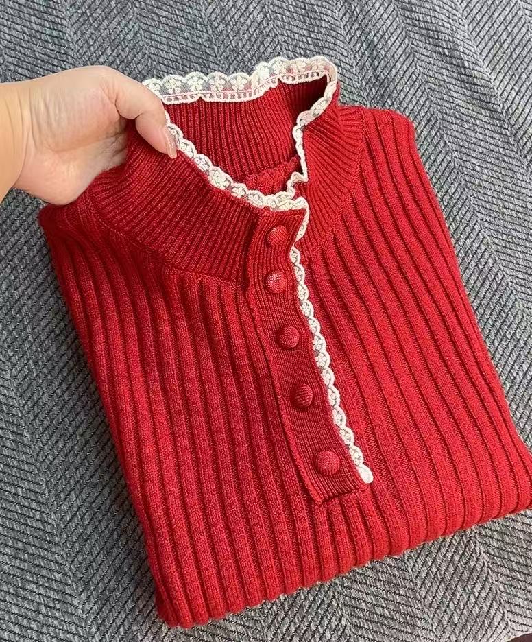 2025新款秋冬蕾丝打底半开上衣针织衫百搭毛衣561