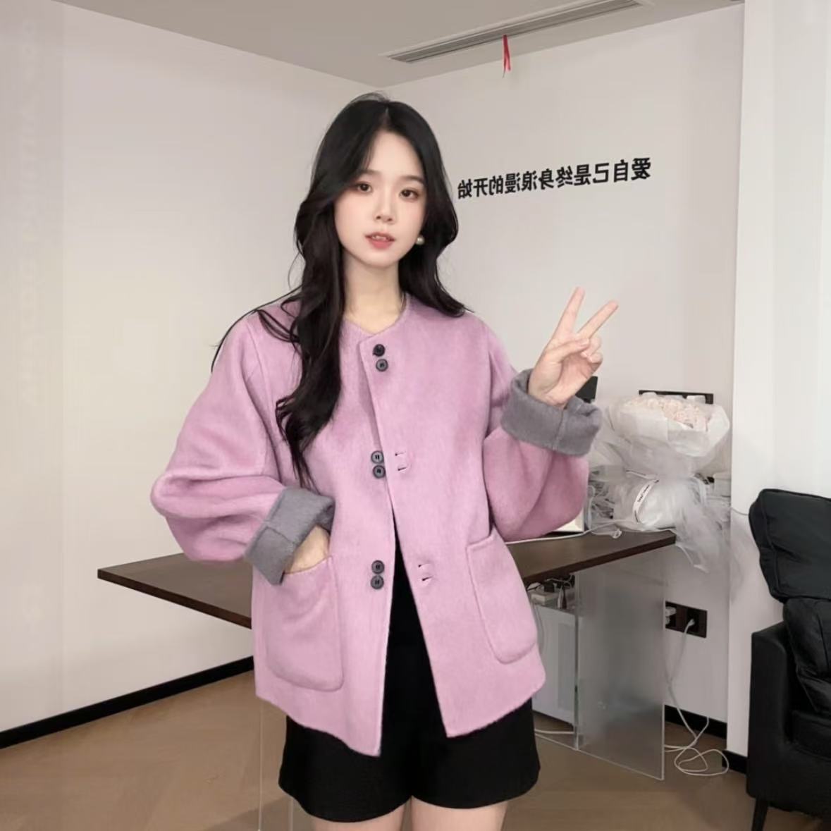 休闲拼接圆领百搭气质短款时尚网红毛呢外套女新款2508