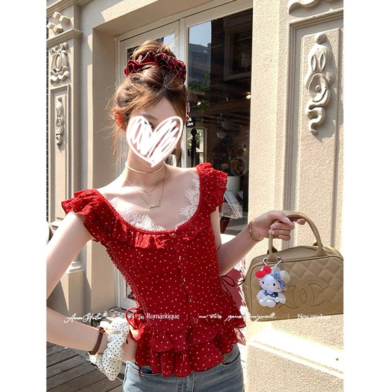 夏季新款气质纯欲显白荷叶边红色圆领短款小飞袖法式波点衬衫女