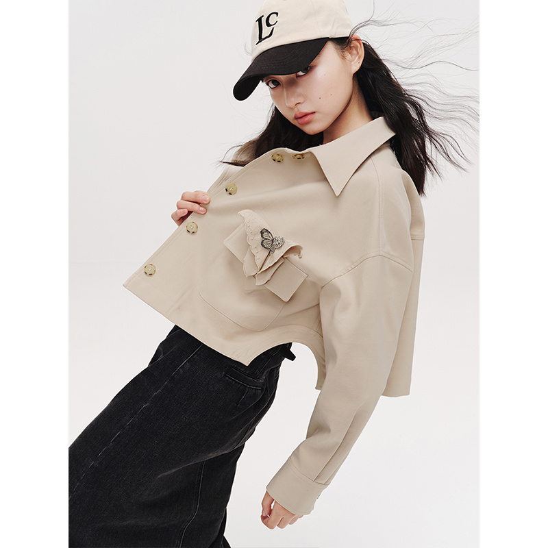 【红袖 】港风复古截短式单排扣翻领外套 89124062210