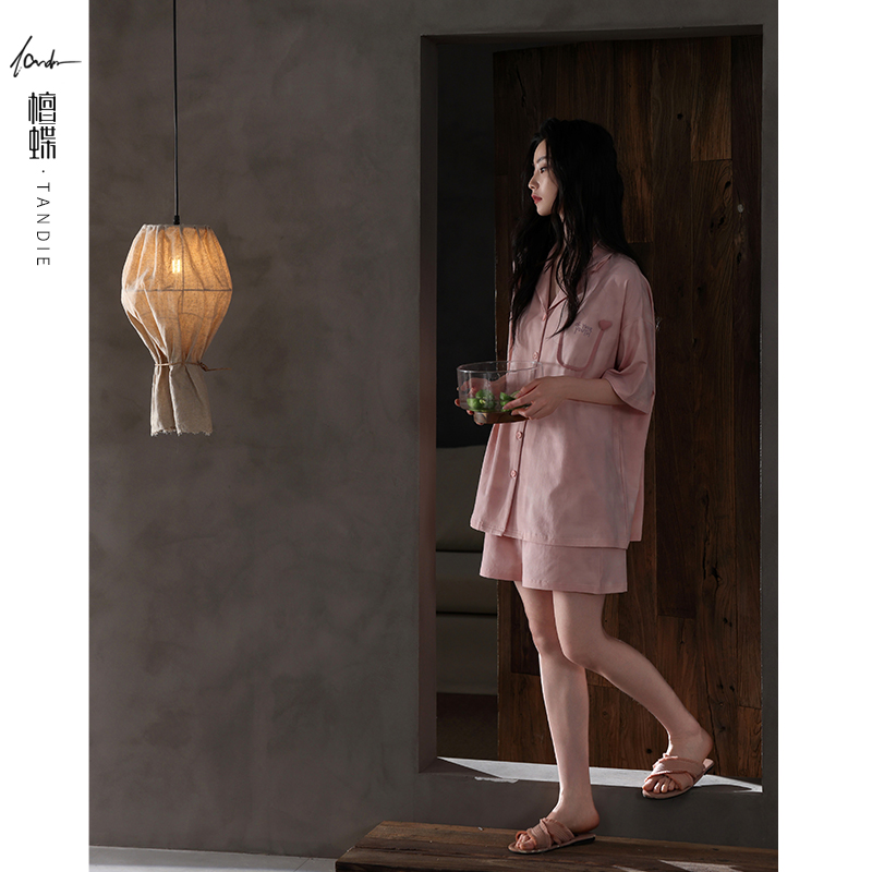 檀蝶2025夏季新款粉色纯棉女款睡衣家居服短袖短裤两件套可外穿