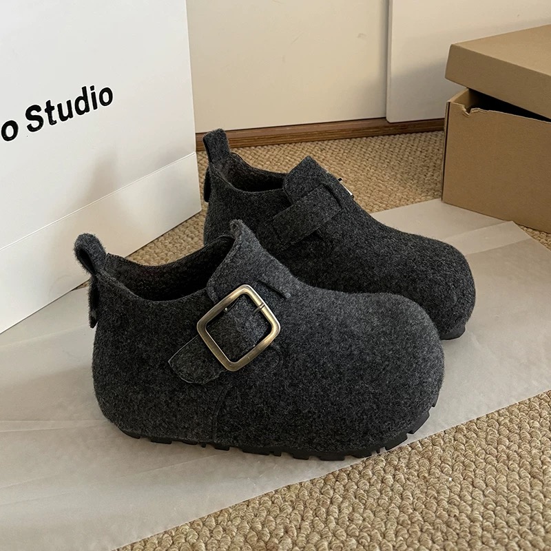 秋冬新款内增高勃肯鞋复古金属扣百搭小众设计感加绒加厚毛毛棉鞋