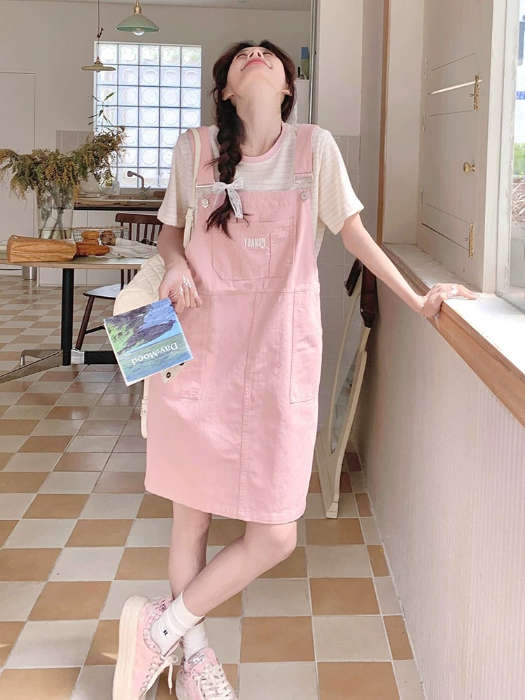 【红姐大码】761减龄背带裙套装夏季休闲学院风T恤连衣裙