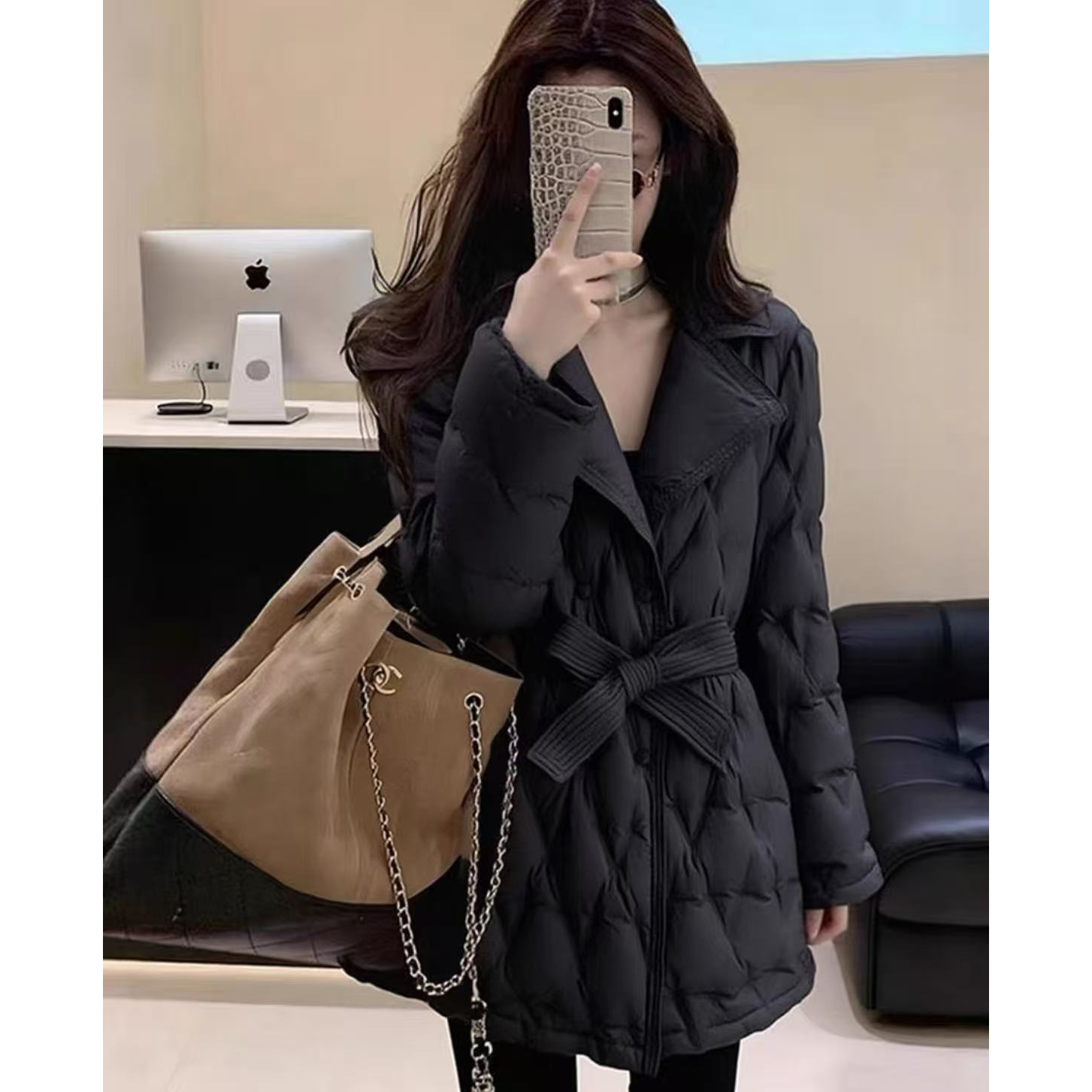 黑色西装领羽绒服女中长款修身显瘦不臃肿白鸭绒冬季外套BD790