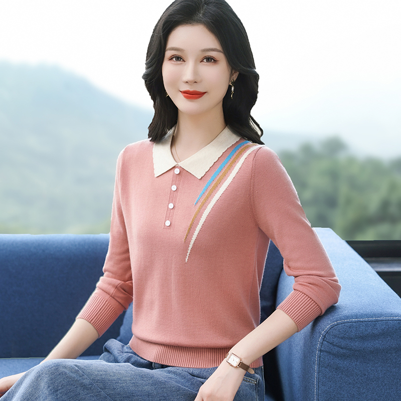 春季秋季宽松翻领娃娃领长袖毛针织衫毛衣秋装上衣女装薄款上衣女