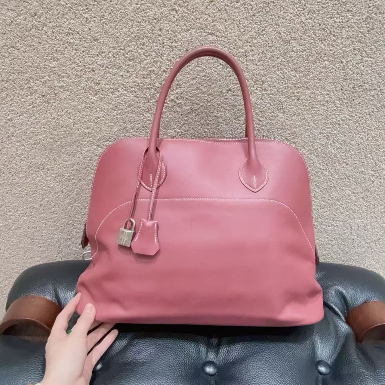 95新 Hermes/爱马仕 Bolide 35relax 玫瑰木粉色手提包