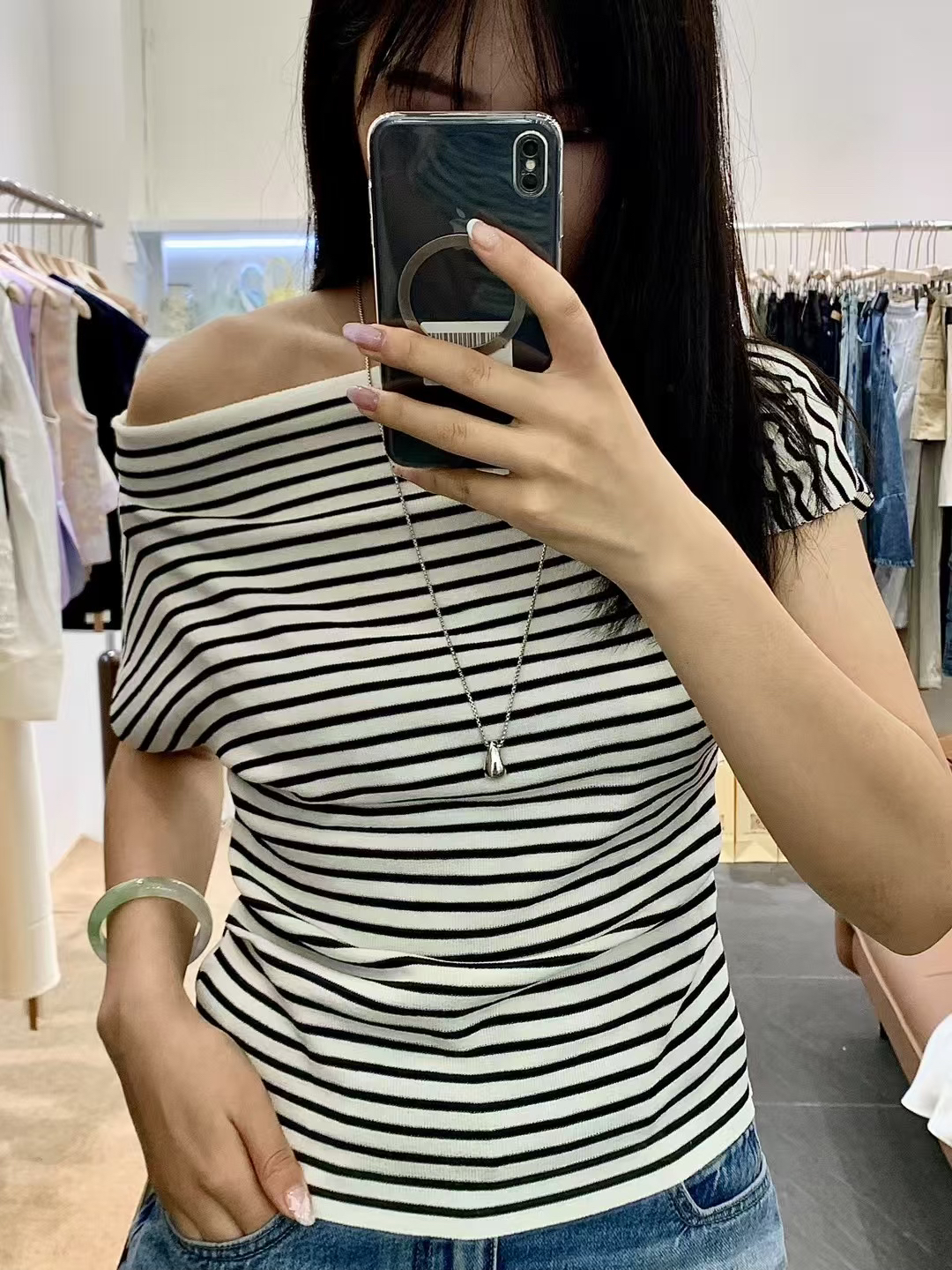 短袖设计感印花宽松型斜肩