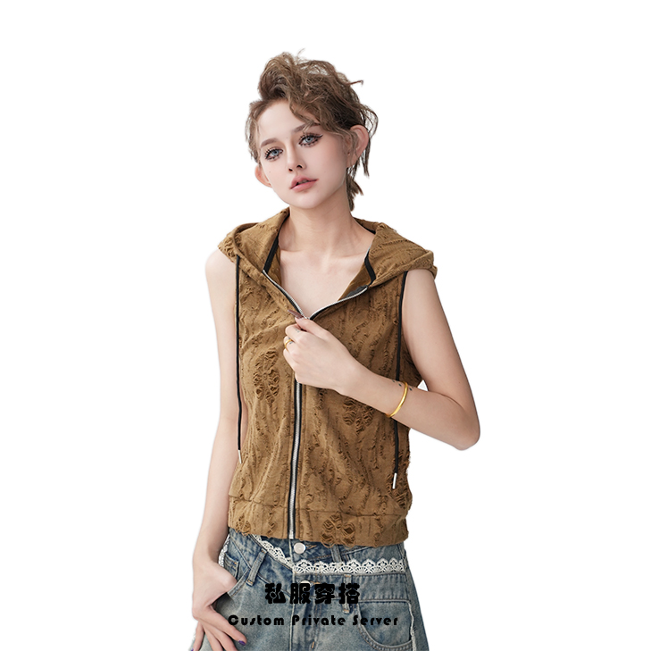 2025连帽无袖拉链时尚开衫T恤