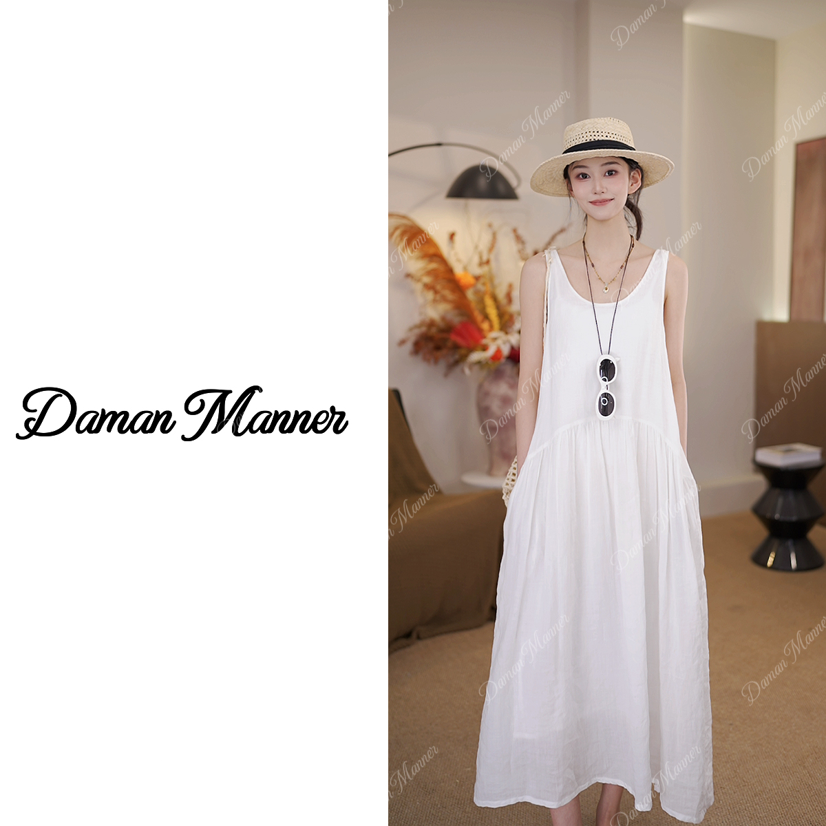 DAMAN | 苎麻吊带宽松连衣裙高级感温柔气质U领夏季长裙DM6876