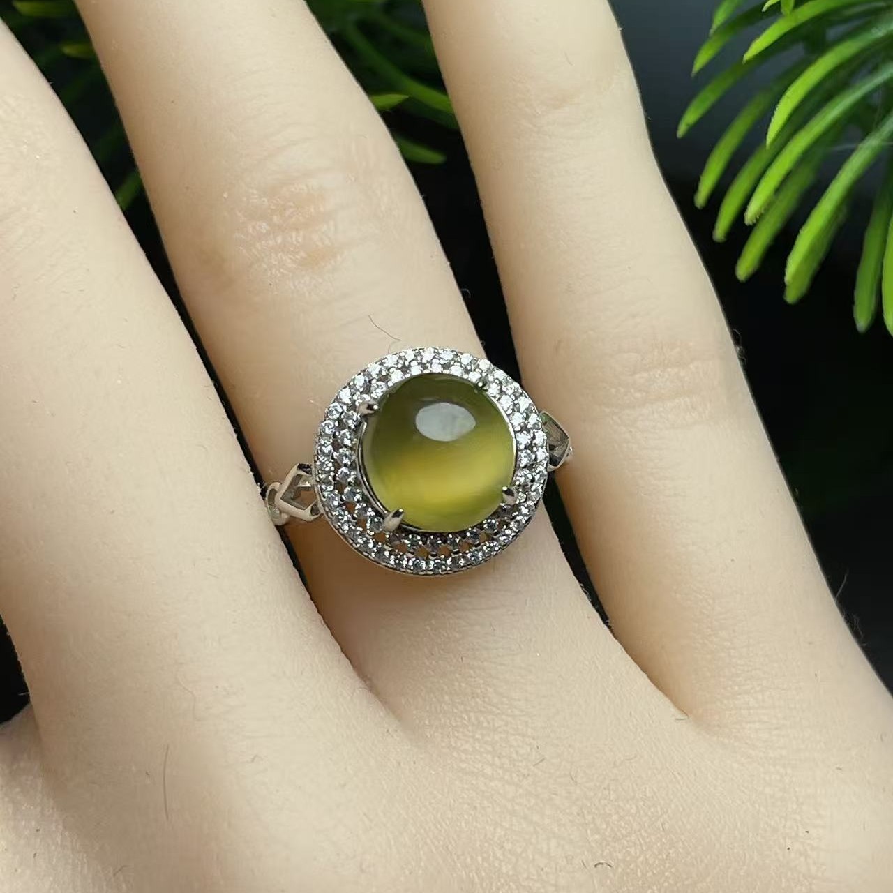 和田玉碧玉金猫眼戒指925银镶嵌，尺寸约9/6mm