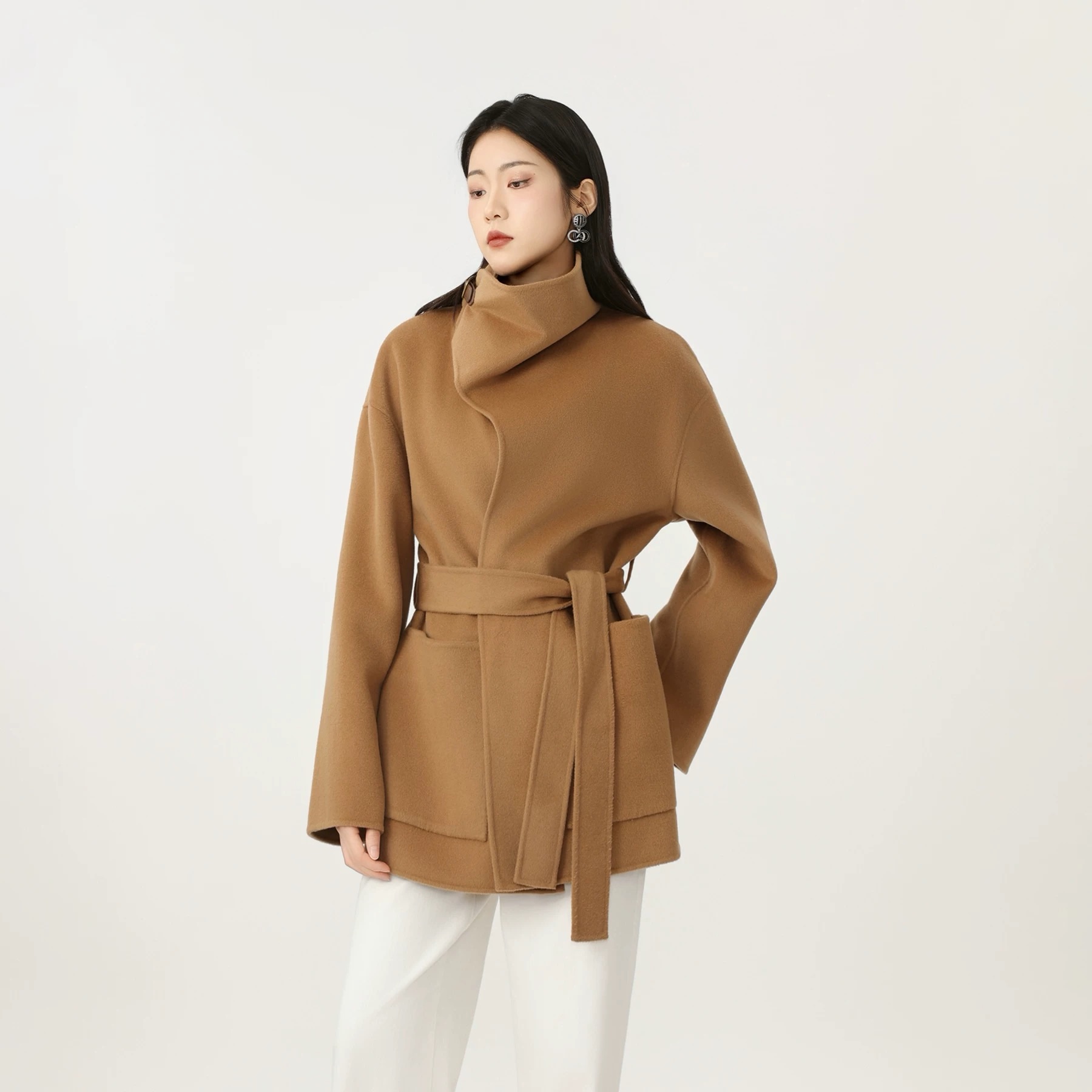AMASS/阿玛施女毛呢外套高支澳毛连帽浴袍大衣宽松翻领女装540033