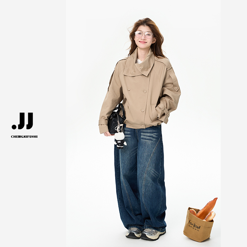 Y3821【街头女孩】新款美式英伦风设计感小众炸街双排扣立领风衣女