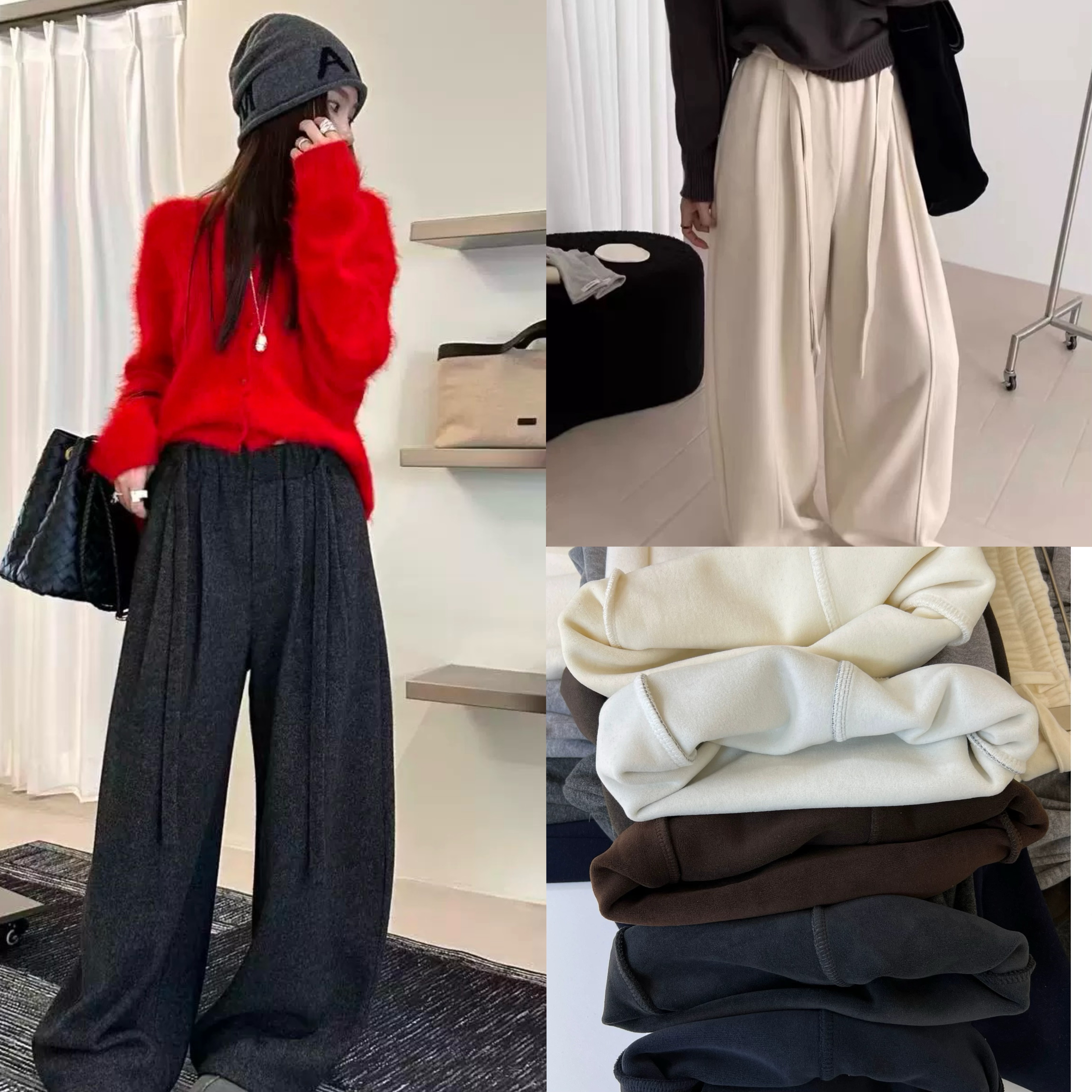 复古弯刀裤女秋冬2025新款宽松加绒加厚休闲裤垂感毛呢阔腿裤