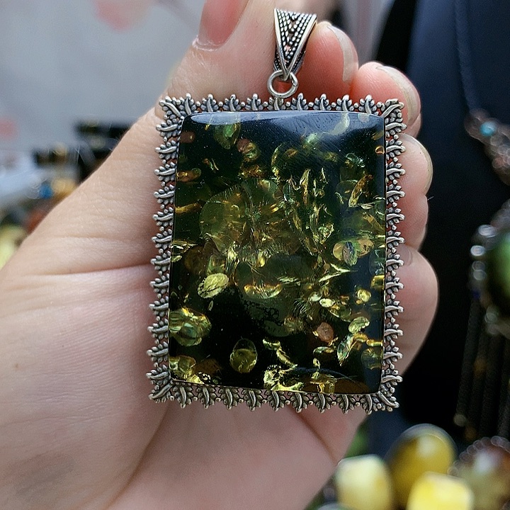 银S925镶嵌琥珀裸石坠