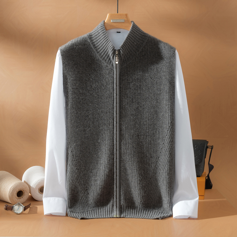 100%山羊绒衫男士双股元宝针加厚拉链马甲半高领山羊绒坎肩360克