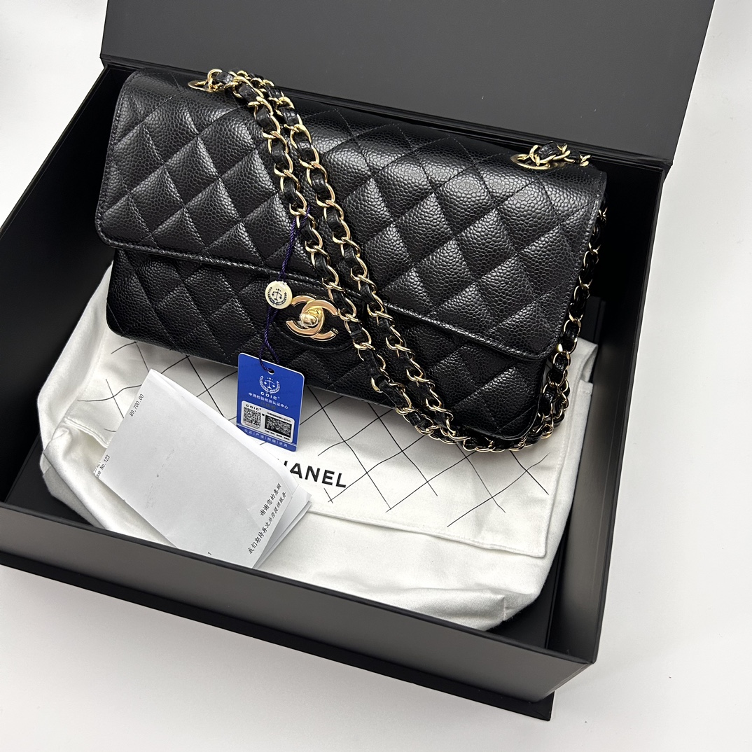 99新 Chanel/香奈儿 黑金荔枝牛皮CF中号单肩斜挎包 03311