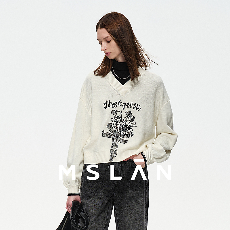 MSLANMSLAN【商场同款】新款V领宽松时尚居中图案针织套衫MGAN287