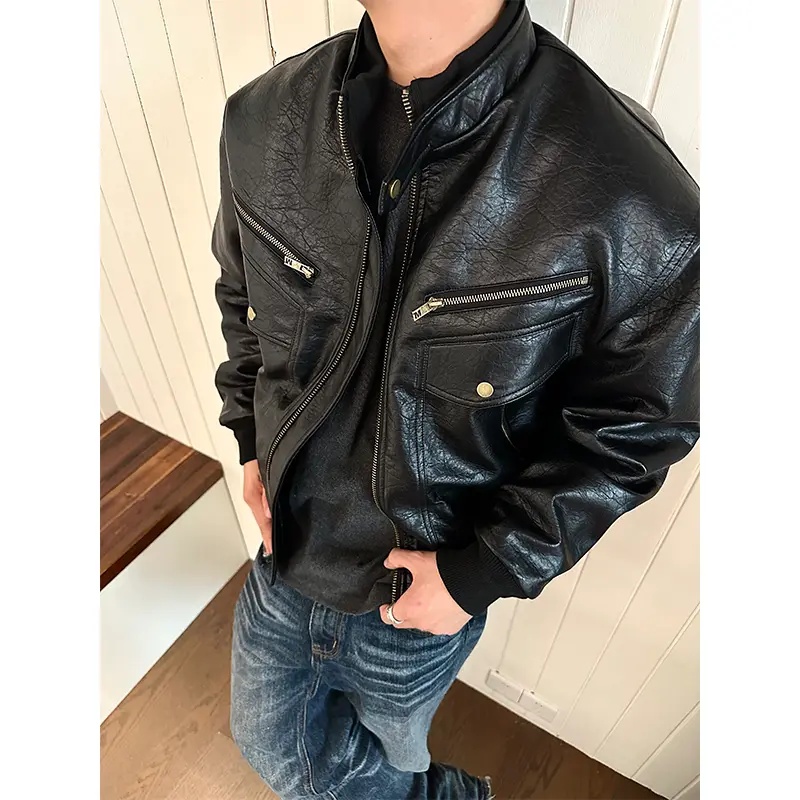 【EME】美式复古荔枝纹PU皮衣夹克座山雕多口袋廓形机车服外套