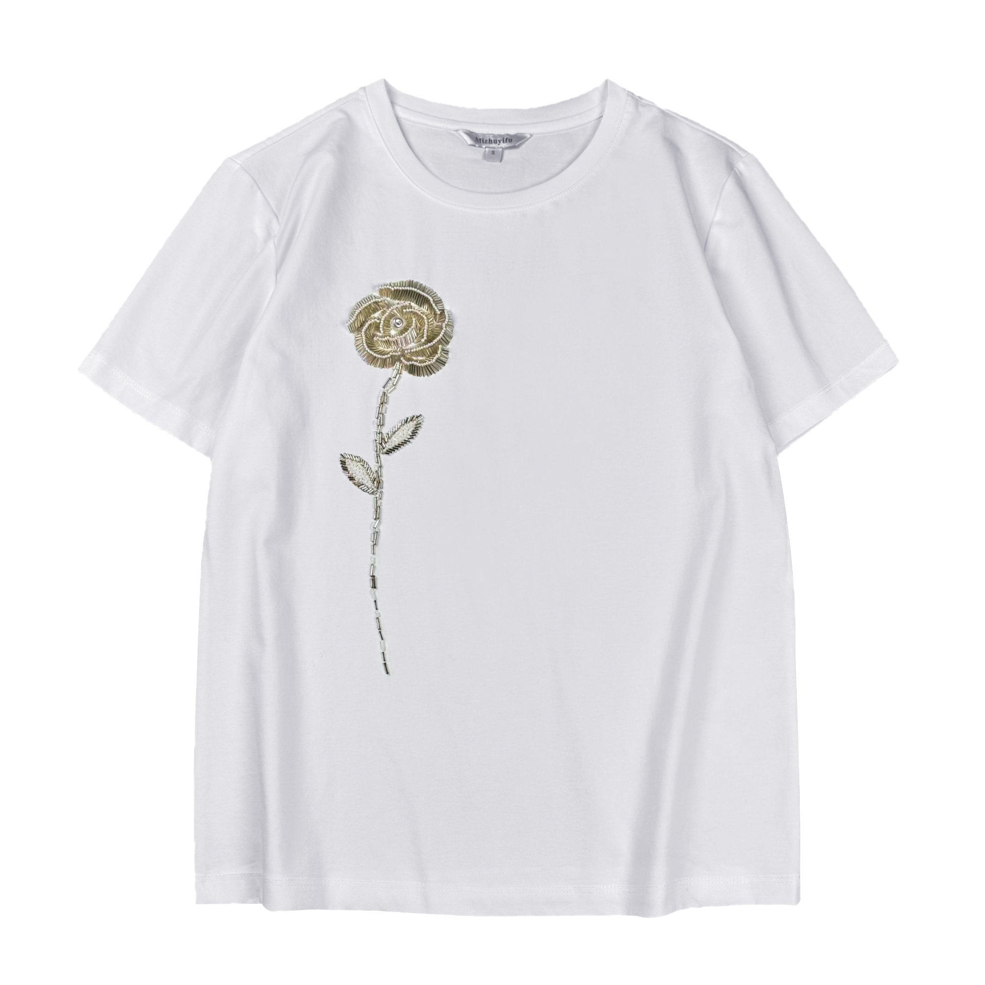 2025女装新款轻奢手工艺钉制山茶花白色编织制作高端简约百搭T恤