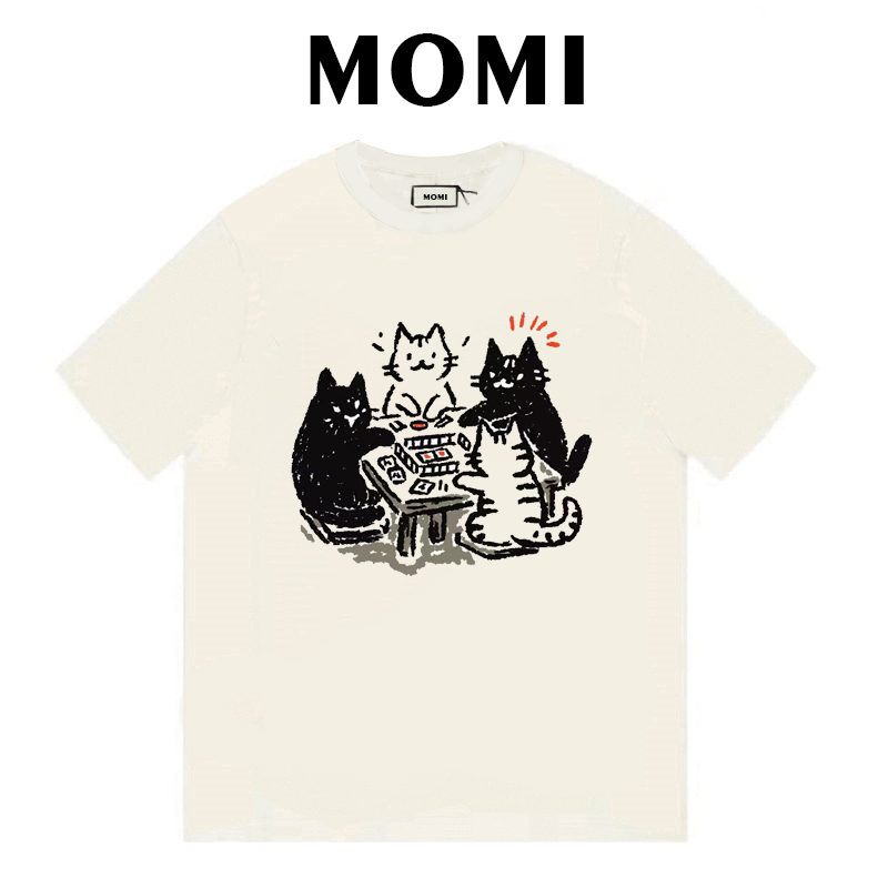 【麻将猫咪】MOMI新款宽松T恤夏季圆领慵懒风可爱风纯棉短袖女