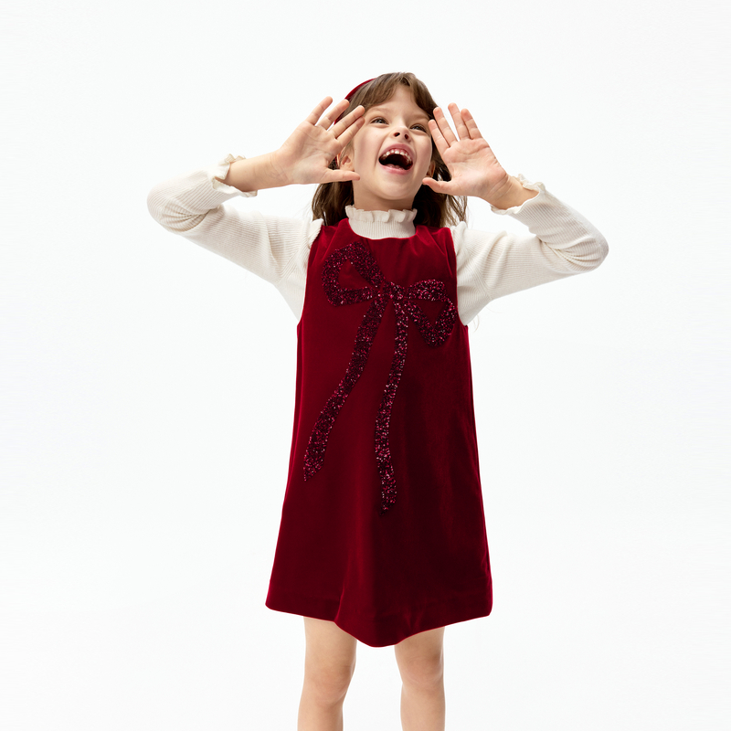 littlemoco童装25冬装新款女童蝴蝶结丝绒连衣裙裙子礼服演出服