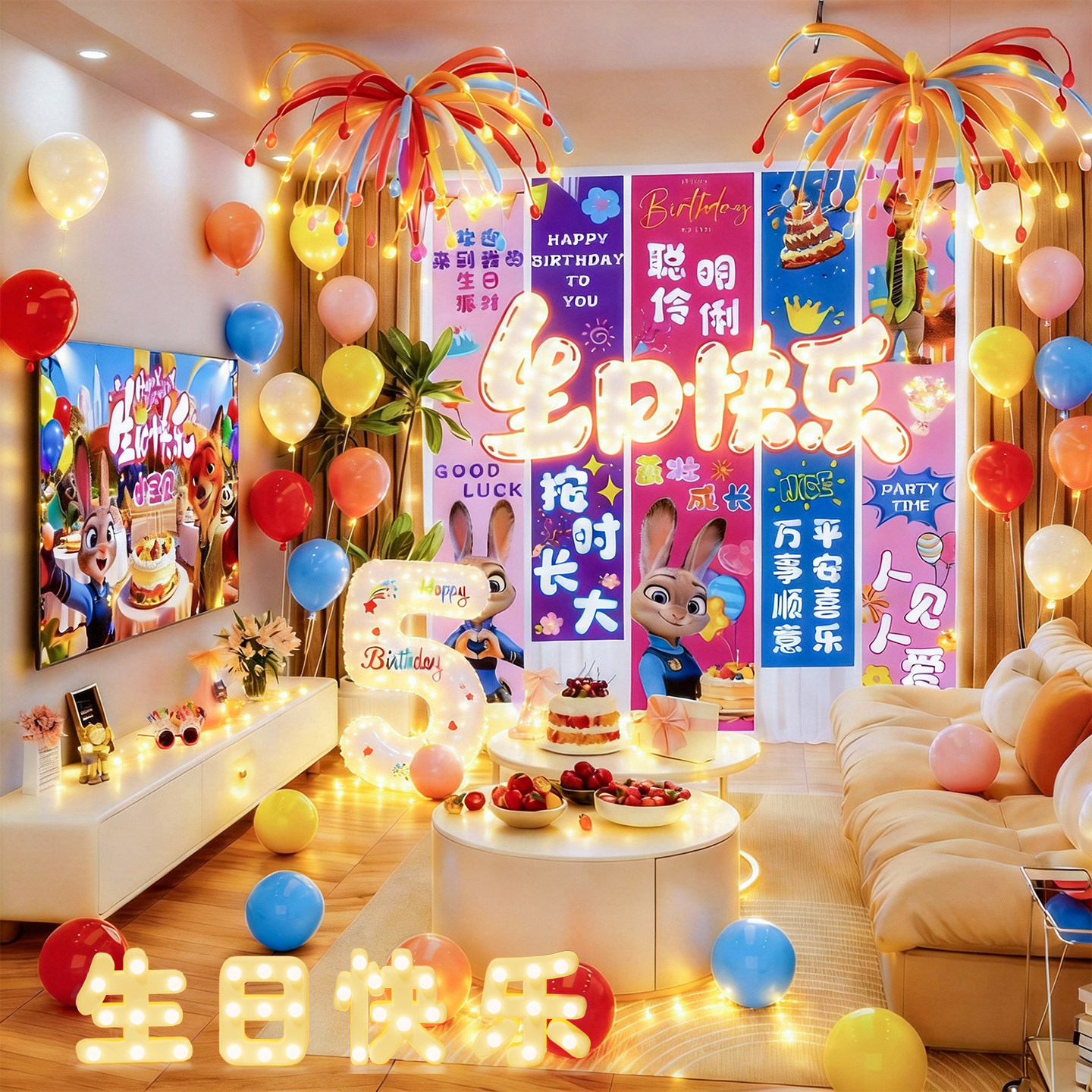 疯狂动物城生男女孩儿童宝宝生日快乐仪式感气球氛围装饰场景布置
