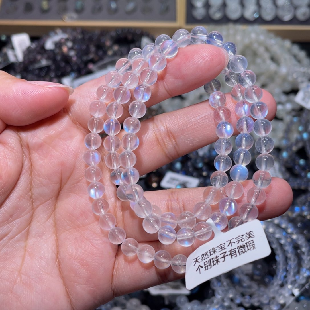 月光石手链未镶嵌多*鱼冰透体蓝月光手链多圈6mm
