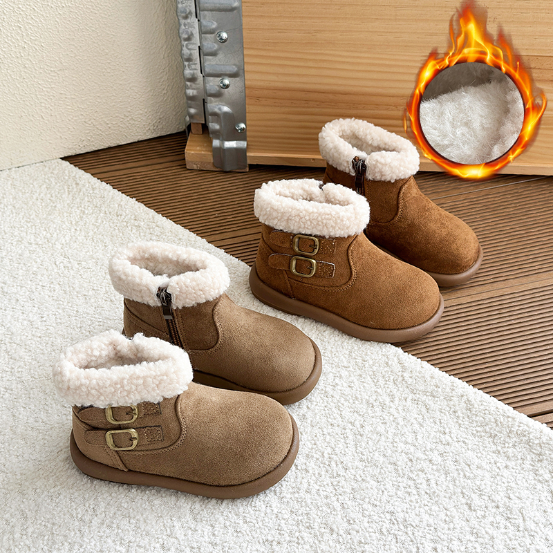 儿童靴子冬季新款女童加绒加厚短靴毛毛口宝宝棉靴时尚女孩雪地靴