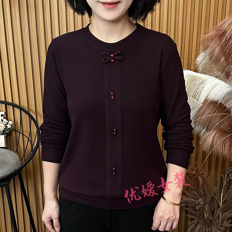 中老年女装秋冬圆领蝴蝶结双面绒保暖显瘦百搭洋气妈妈装长袖上衣