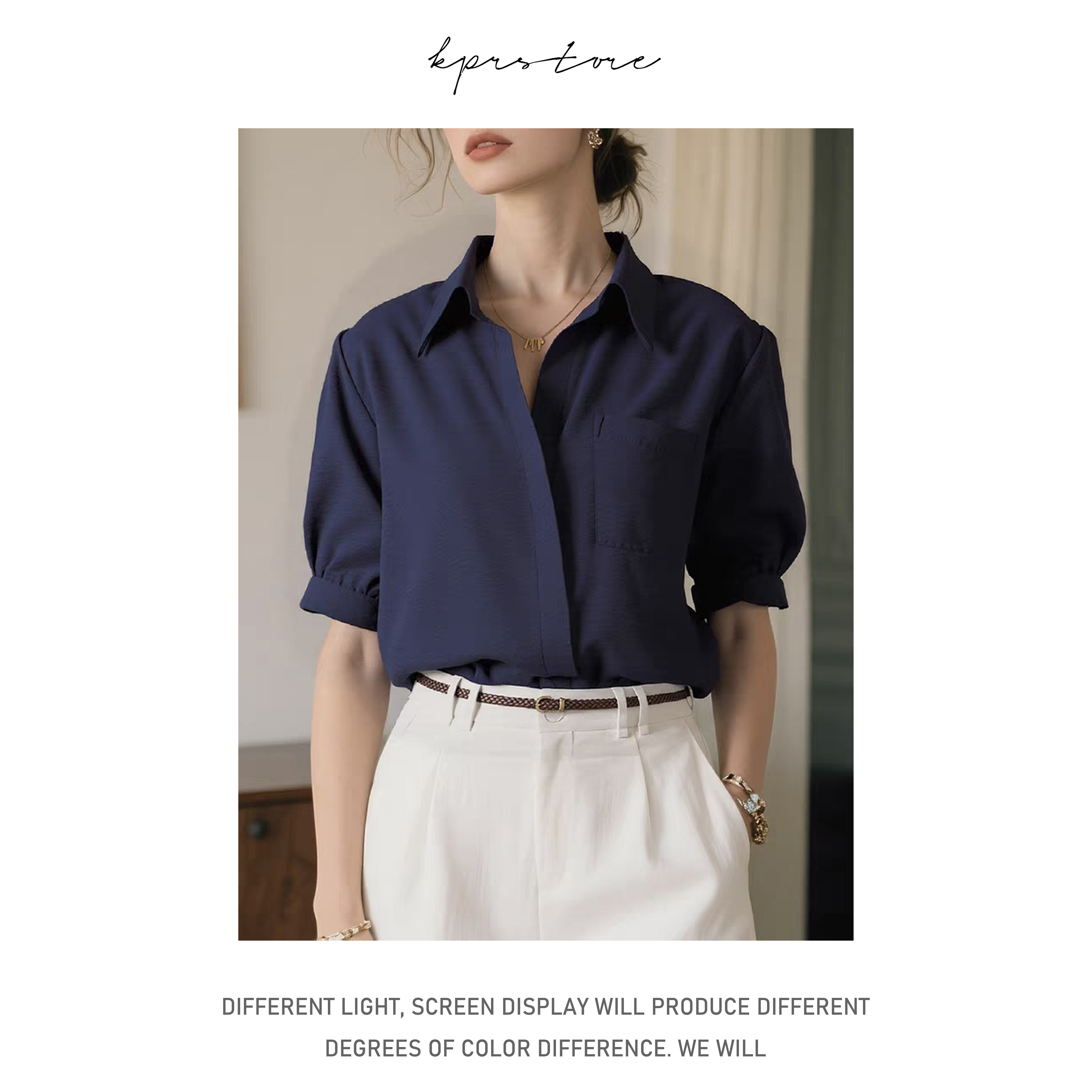 秋季新款高级感通勤气质透气天丝混纺单口袋翻领宽松短袖衬衫