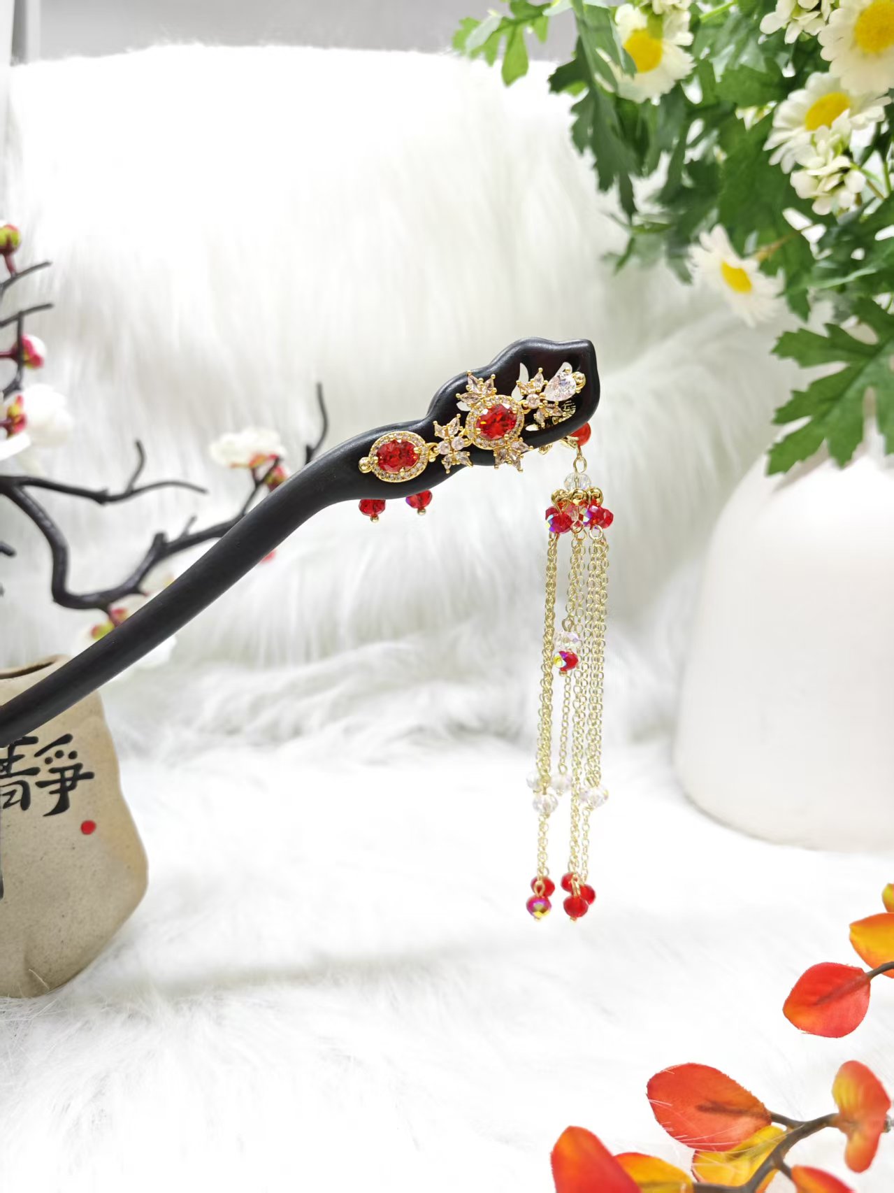 炑歌K326原创红色流苏18公分发簪气质手工发饰国风发簪