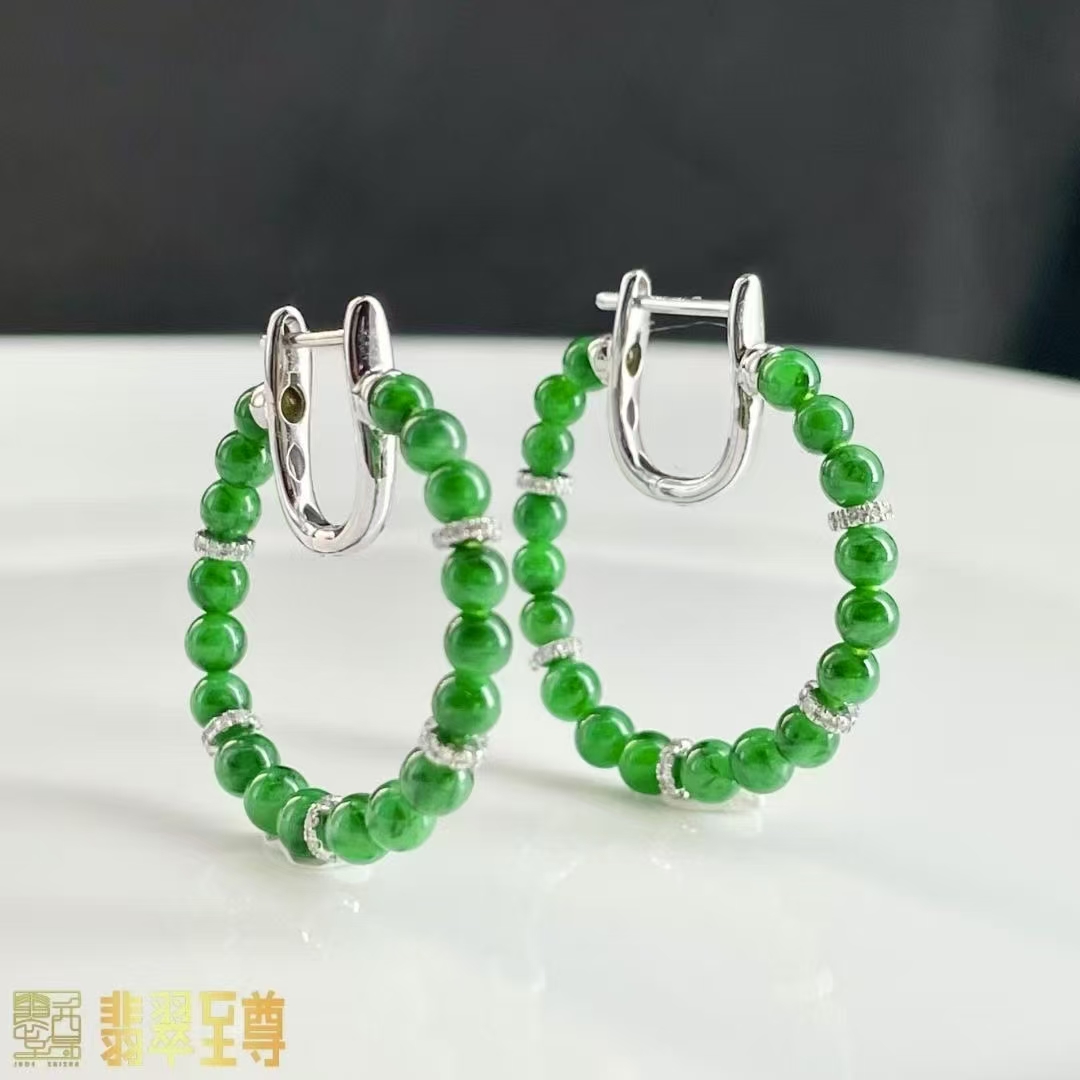 【翡翠至尊】18k纯天然缅甸翡翠玉珠圈圈耳环 | 多样性发一