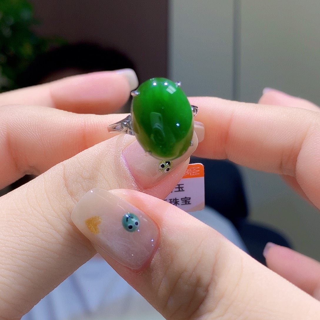 和田玉（碧玉）戒指银S925镀金镶嵌