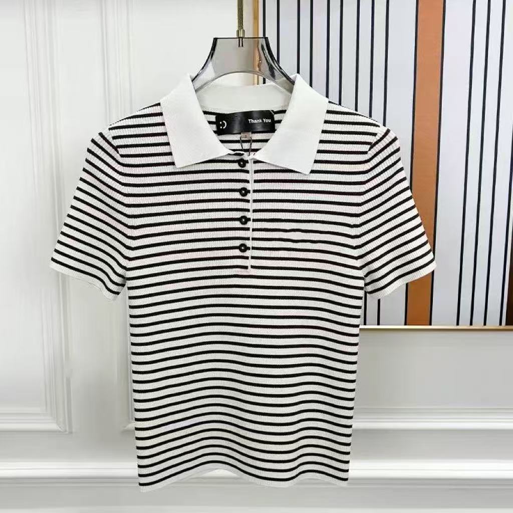 南油高品25夏学院风翻领条纹POLO领套头修身短袖针织衫女上衣T恤