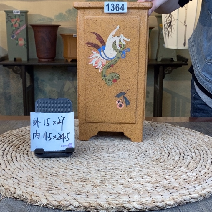 花盆紫砂  柴烧佛手如意彩绘签筒1364